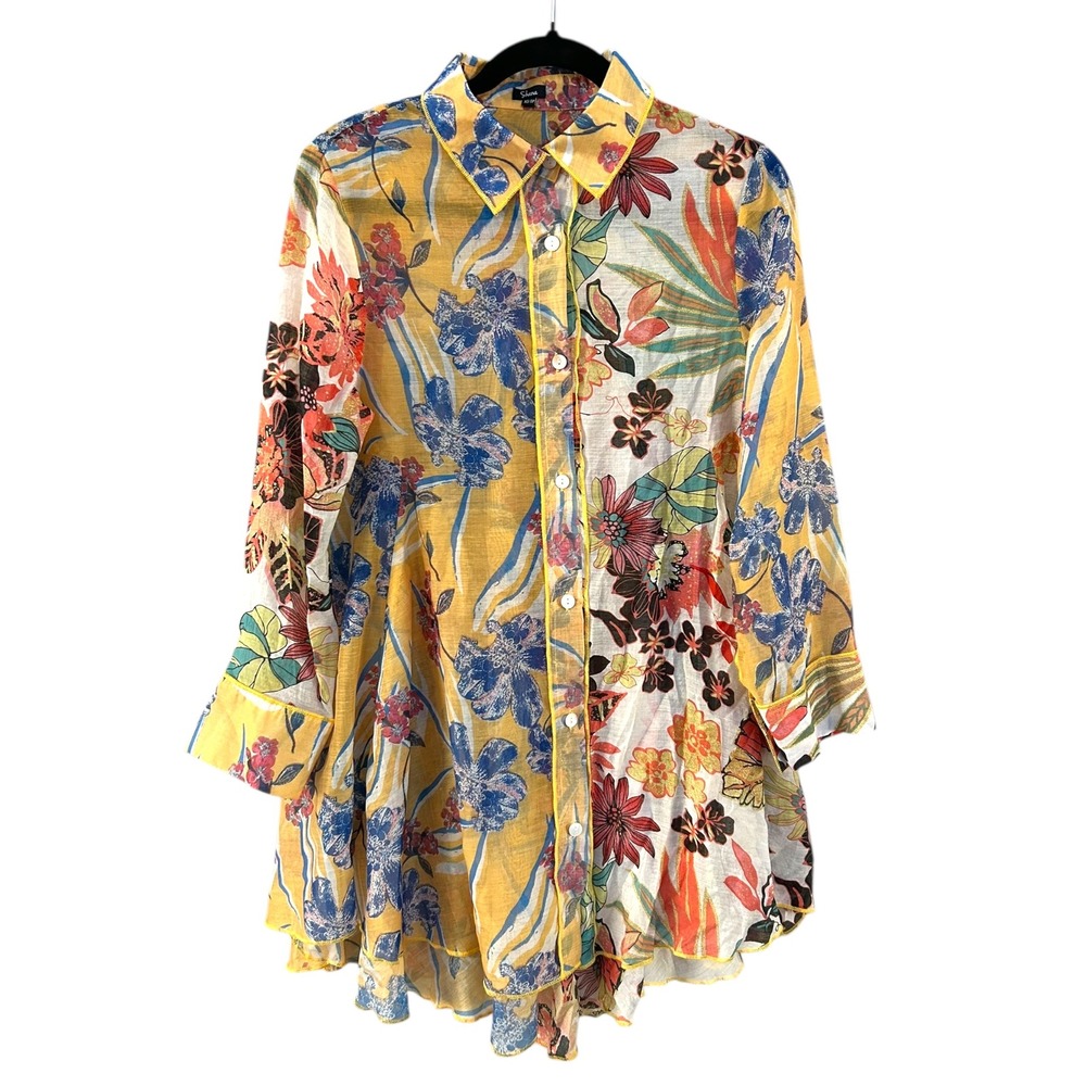 Shana Women XS Yellow Floral Print Mixed Flowy Button Up Shirt Tunic Dress
